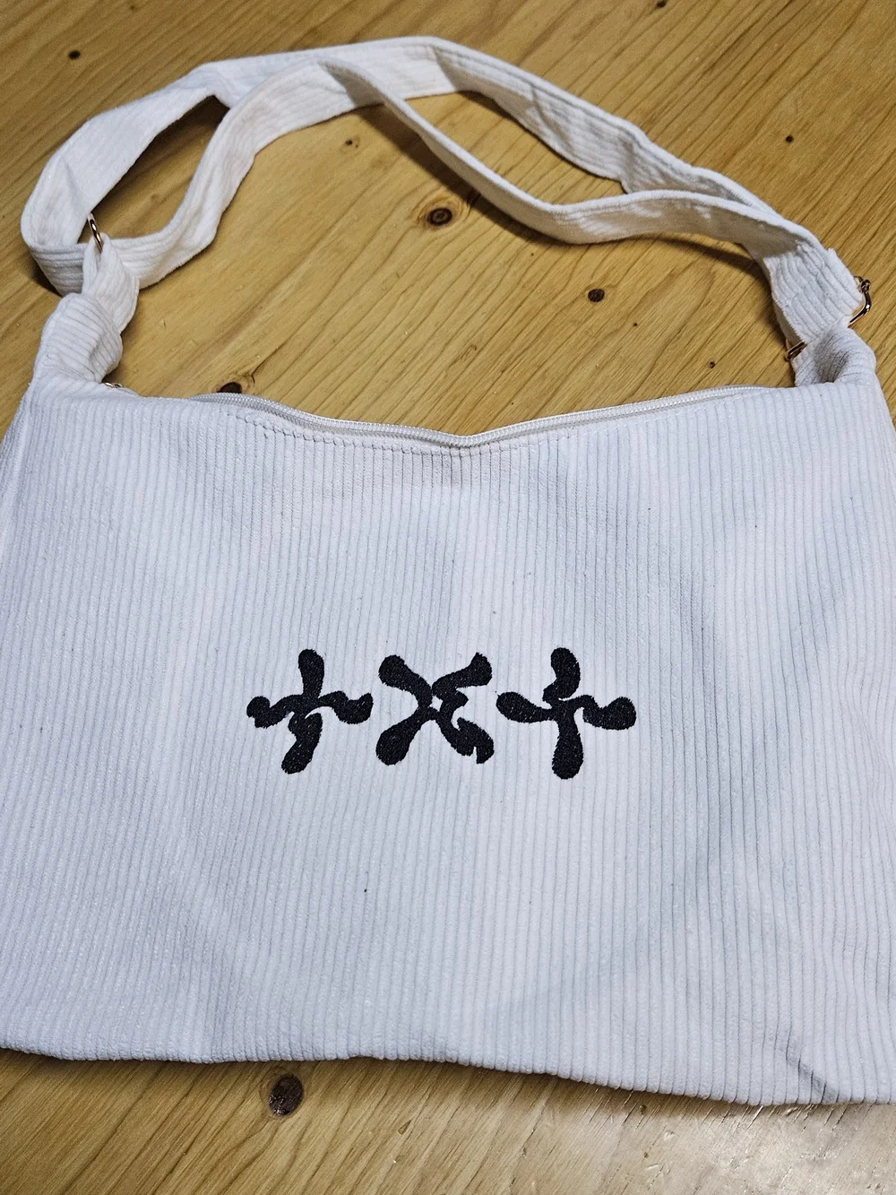 Cream Corduroy Shoulder Bag with Black Kpop Embroidered Motif